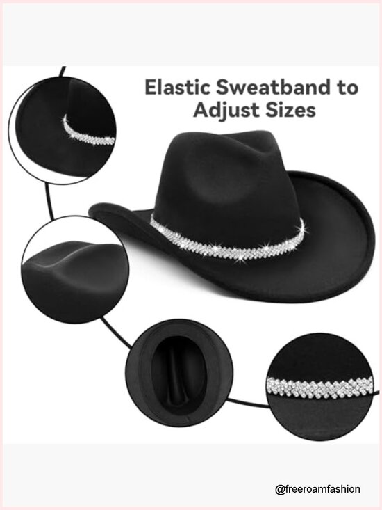 Adjustable Wide Brim Felt Cowboy Hat with Rhinestone Tassel Band, Cowgirl main image 4